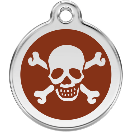 Red Dingo Skull &amp; Cross Bones Brown Tag - Lifetime Guarantee - Cat, Dog, Pet ID Tag Engraved